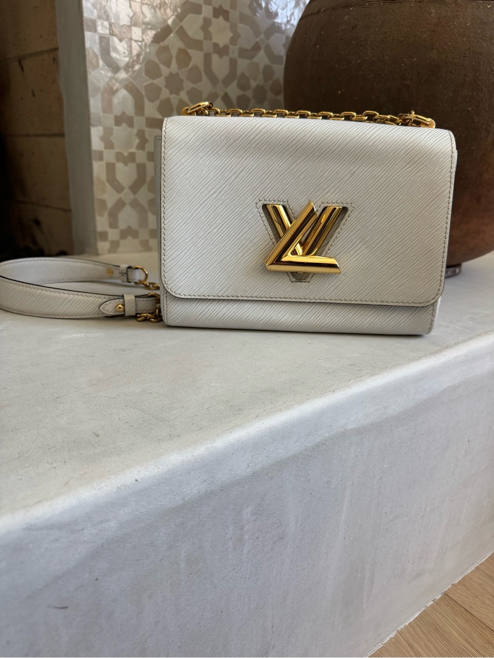 Louis Vuitton White Epi Twist MM Leather Bag - Authentic